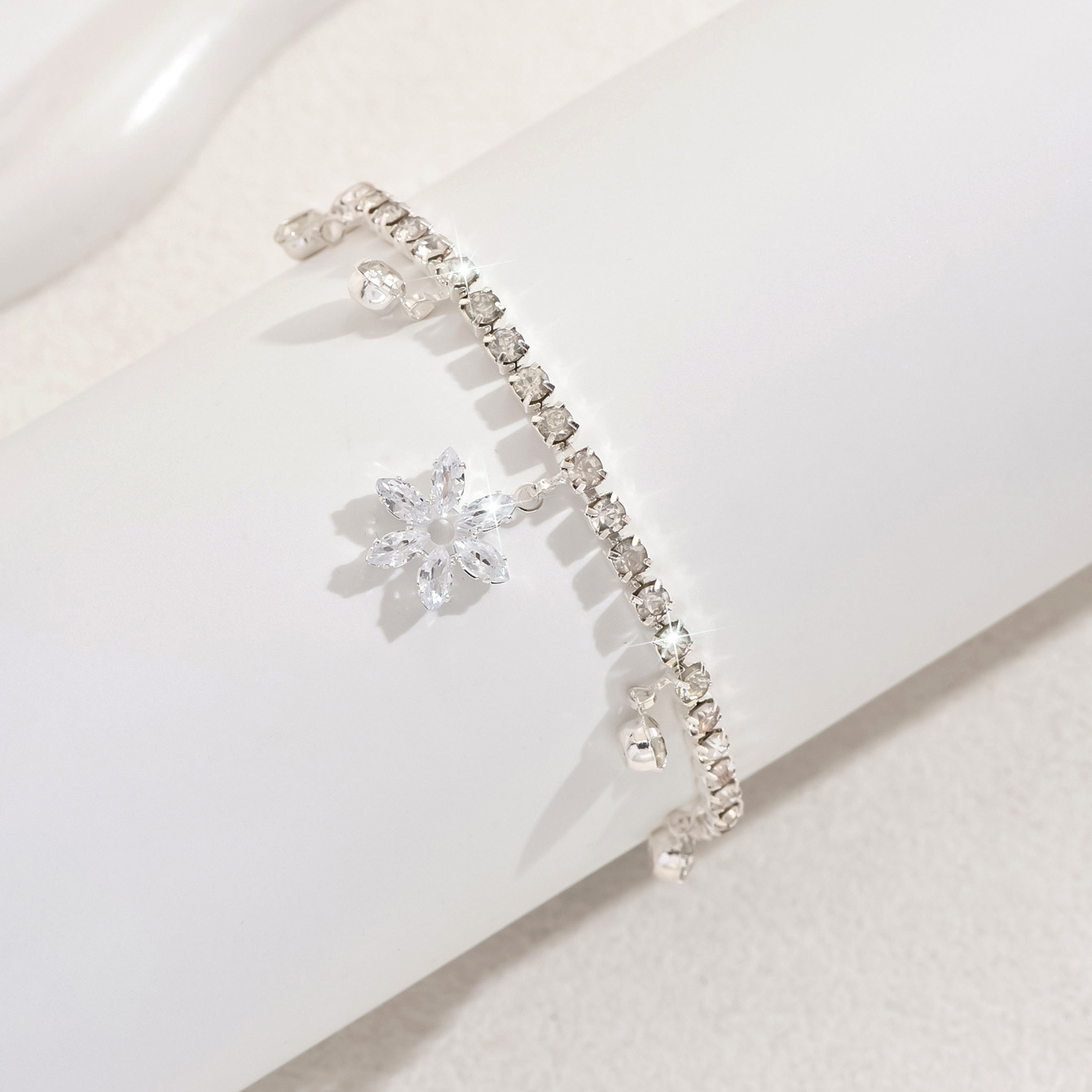 Crystal Tennis Anklet with Flower Charm and Rhinestone Drops